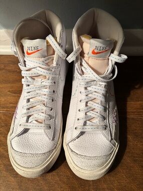 Nike White High-Top Blazer Vintage 101 Sneakers with Orange Tongue Swoosh